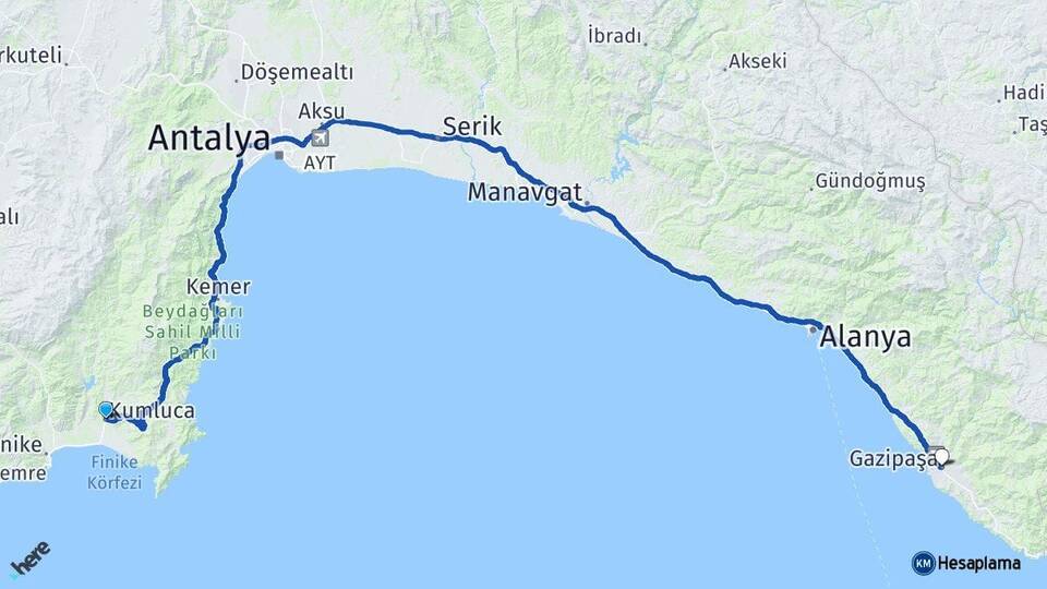 Antalya Kumluca Gazipaşa Arası Kaç Km - Yol Haritası