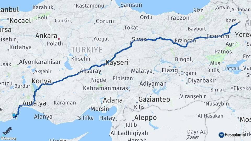 Antalya Kumluca Kars Arası Kaç Km - Yol Haritası