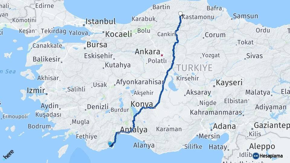 Antalya Kumluca Kastamonu Arası Kaç Km - Yol Haritası