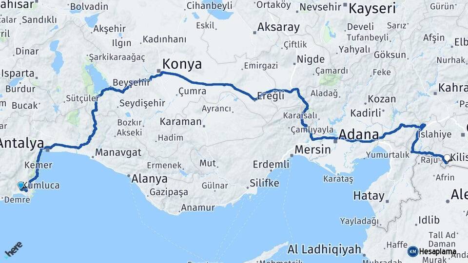 Antalya Kumluca Kilis Arası Kaç Km - Yol Haritası
