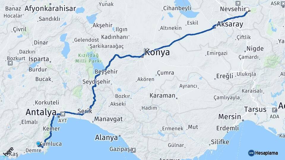 Antalya Kumluca Nevşehir Arası Kaç Km - Yol Haritası