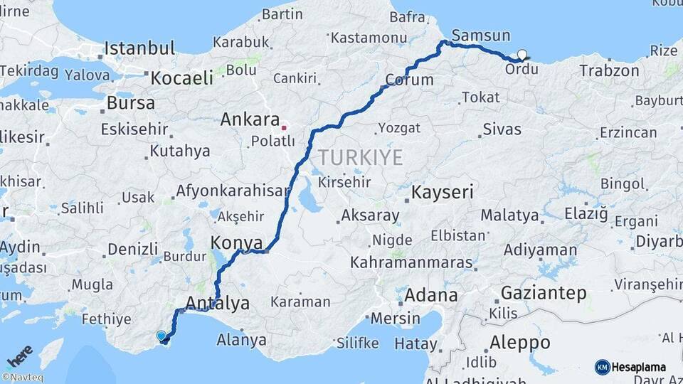 Antalya Kumluca Ordu Arası Kaç Km - Yol Haritası