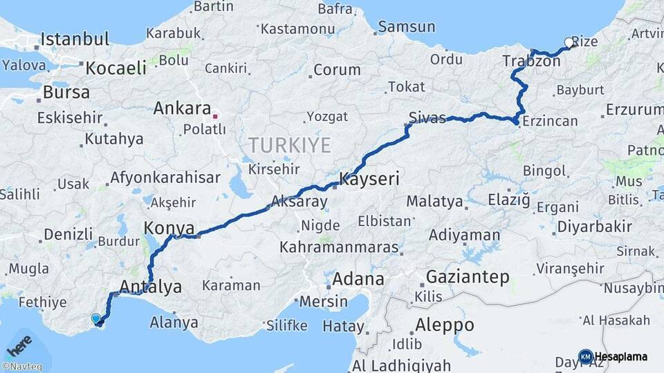 Antalya Kumluca Rize Arası Kaç Km - Yol Haritası