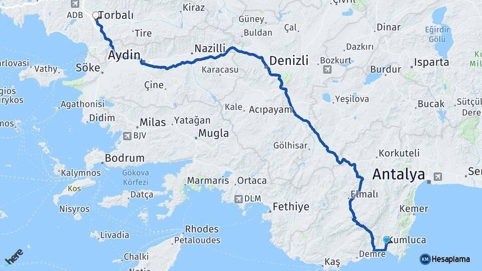 Antalya Kumluca Torbalı İzmir Arası Kaç Km - Yol Haritası