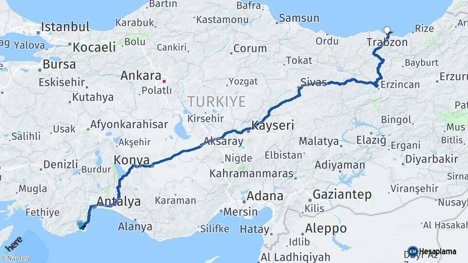 Antalya Kumluca Trabzon Arası Kaç Km - Yol Haritası