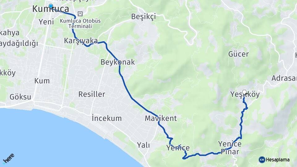 Antalya Kumluca Yeşilköy Kumluca Arası Kaç Km - Yol Haritası