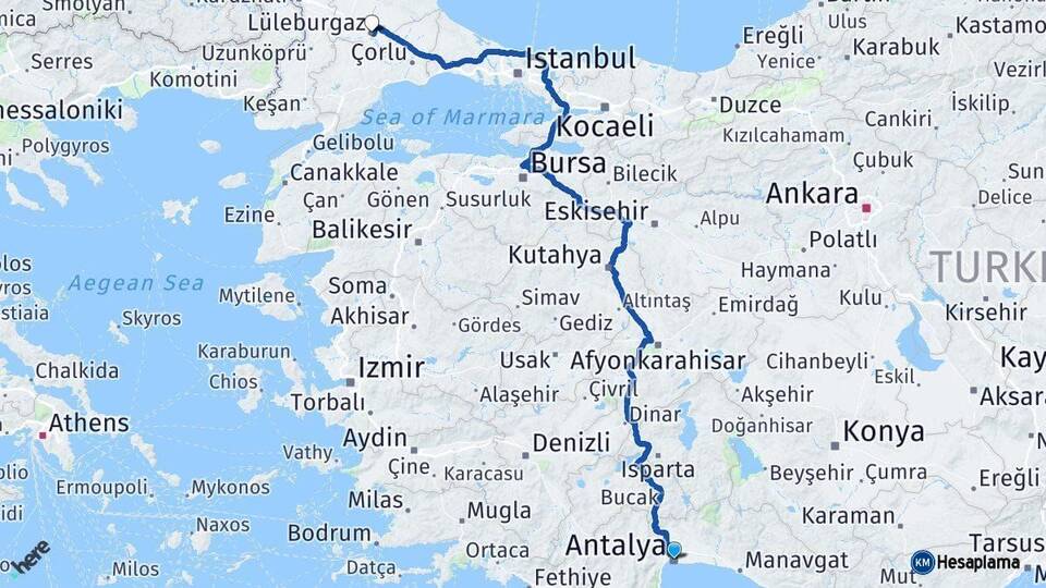 Antalya Lüleburgaz Kırklareli Arası Kaç Km - Yol Haritası