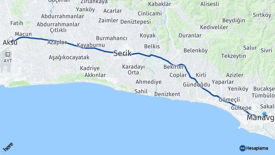 Antalya Manavgat Aksu Arası Kaç Km - Yol Haritası