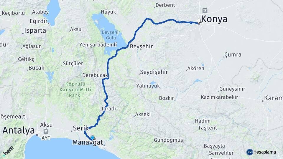 Antalya Manavgat Çolaklı Konya Arası Kaç Km - Yol Haritası