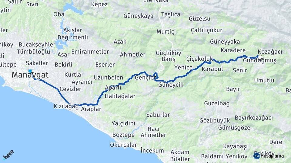 Antalya Manavgat Gündoğmuş Arası Kaç Km - Yol Haritası