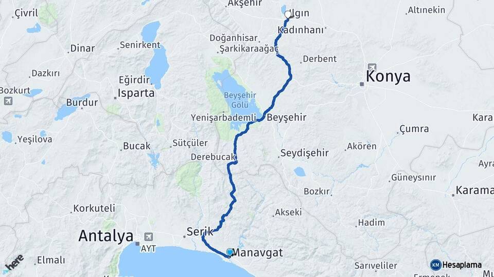 Antalya Manavgat Ilgın Konya Arası Kaç Km - Yol Haritası