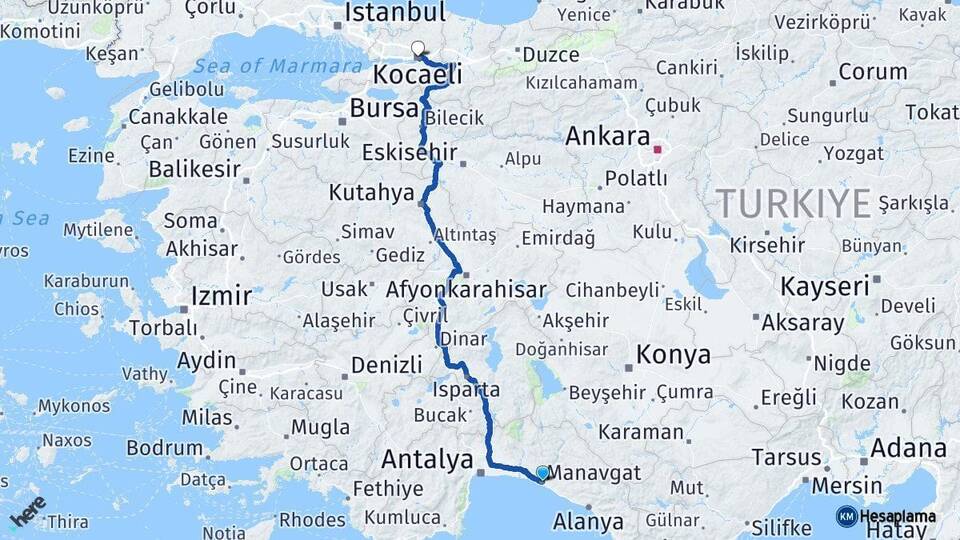 Antalya Manavgat Kocaeli Arası Kaç Km - Yol Haritası