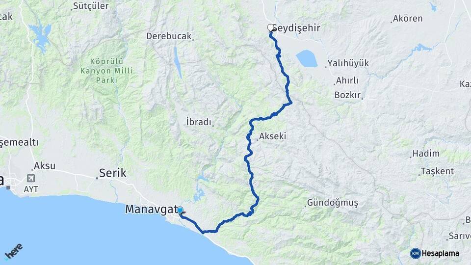 Antalya Manavgat Seydişehir Konya Arası Kaç Km - Yol Haritası