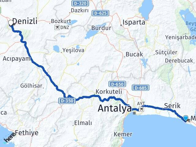 Antalya Manavgat Side Denizli Arası Kaç Km - Yol Haritası