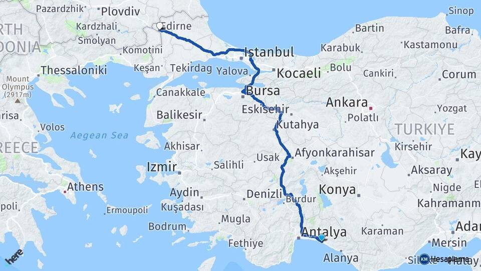 Antalya Manavgat Side Edirne Arası Kaç Km - Yol Haritası