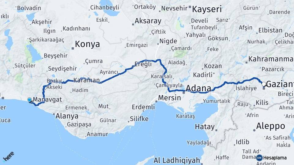 Antalya Manavgat Side Gaziantep Arası Kaç Km - Yol Haritası