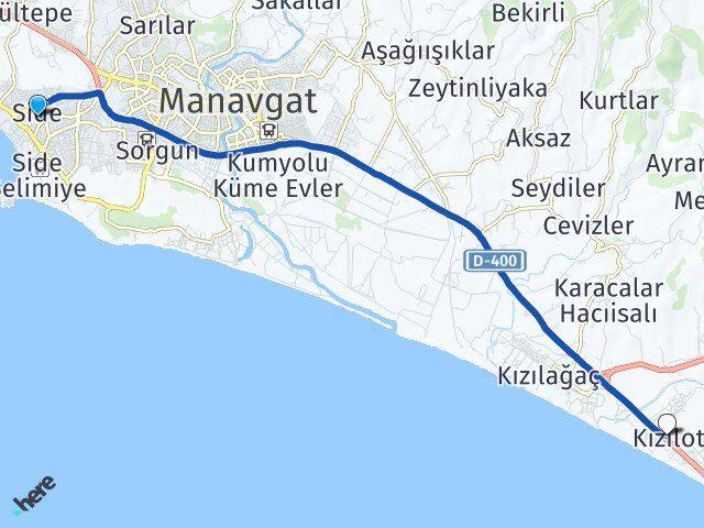 Antalya Manavgat Side Kızılot Manavgat Arası Kaç Km - Yol Haritası
