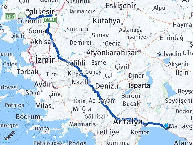 Antalya Manavgat Side Zeytinli Edremit Balıkesir Arası Kaç Km - Yol Haritası