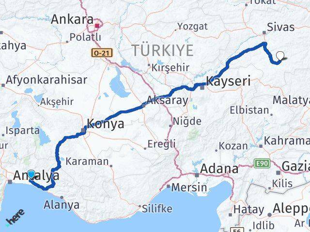 Antalya Manavgat Taşağıl Kangal Sivas Arası Kaç Km - Yol Haritası