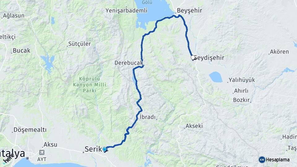 Antalya Manavgat Taşağıl Seydişehir Konya Arası Kaç Km - Yol Haritası