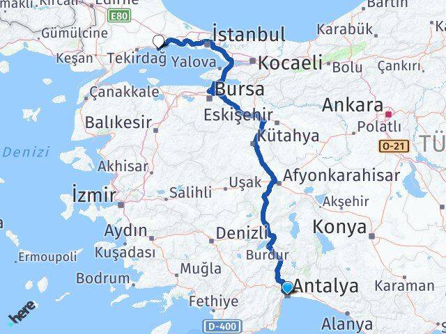 Antalya Marmaraereğlisi Tekirdağ Arası Kaç Km - Yol Haritası