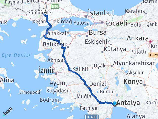 Antalya Meriç Edirne Arası Kaç Km - Yol Haritası