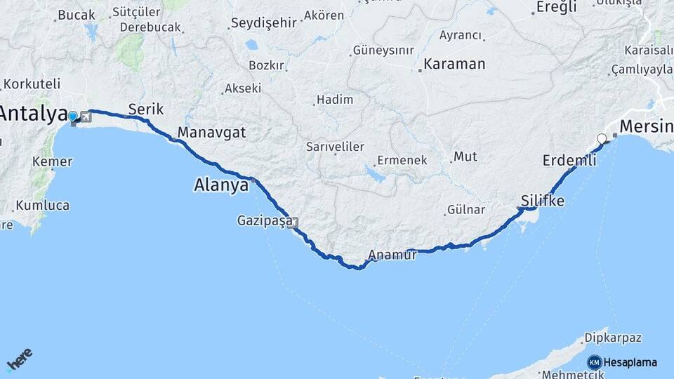 Antalya Mezitli Mersin Arası Kaç Km - Yol Haritası