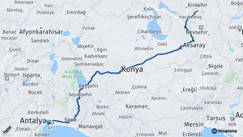 Antalya Mucur Kırşehir Arası Kaç Km - Yol Haritası