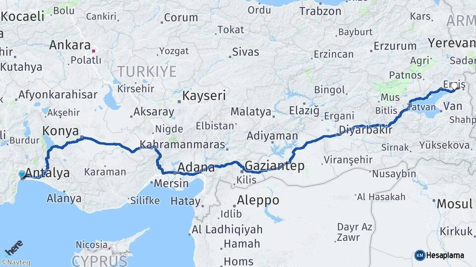 Antalya Muradiye Van Arası Kaç Km - Yol Haritası