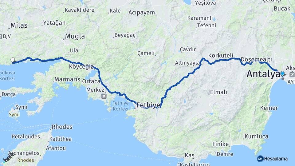 Antalya Muratpaşa Çökertme Milas Muğla Arası Kaç Km - Yol Haritası