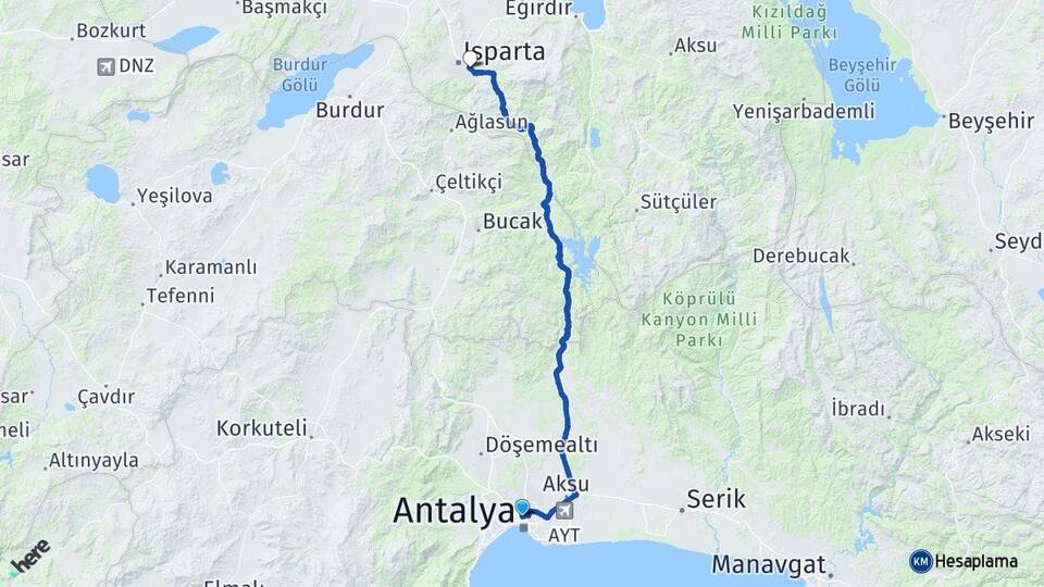 Antalya Muratpaşa Davraz Isparta Arası Kaç Km - Yol Haritası