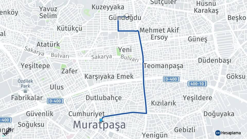 Antalya Muratpaşa Gündoğdu Kepez Arası Kaç Km - Yol Haritası