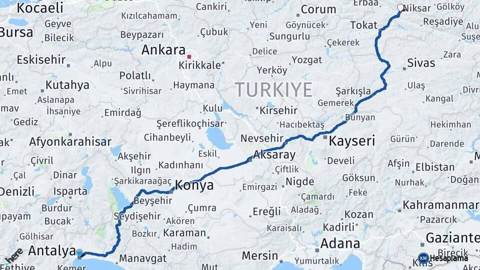 Antalya Niksar Tokat Arası Kaç Km - Yol Haritası