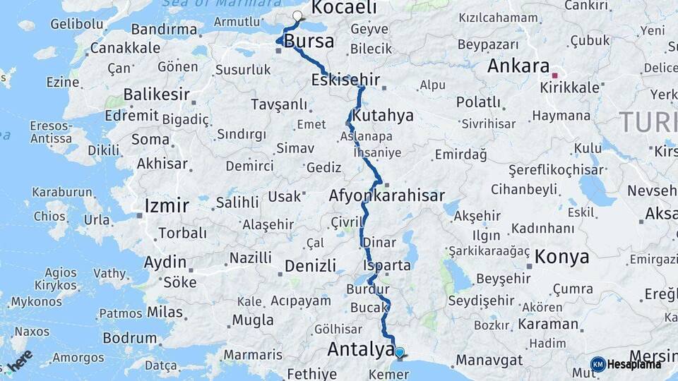 Antalya Orhangazi Bursa Arası Kaç Km - Yol Haritası