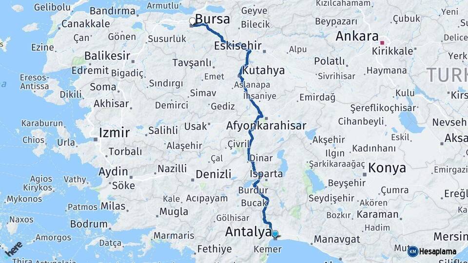 Antalya Osmangazi Bursa Arası Kaç Km - Yol Haritası