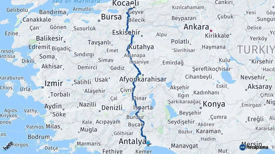 Antalya Pamukova Sakarya Arası Kaç Km - Yol Haritası