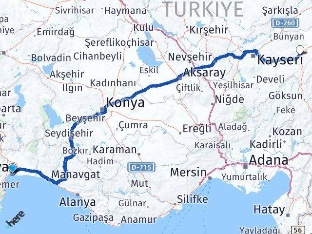 Antalya Pınarbaşı Kayseri Arası Kaç Km - Yol Haritası