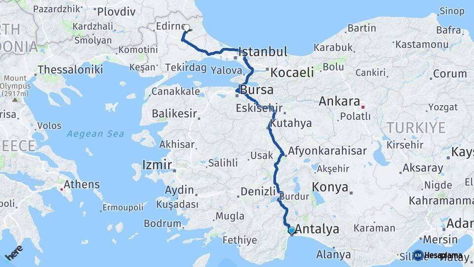 Antalya Pınarhisar Kırklareli Arası Kaç Km - Yol Haritası