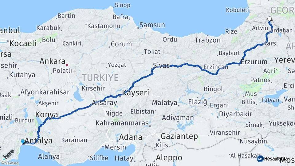 Antalya Posof Ardahan Arası Kaç Km - Yol Haritası