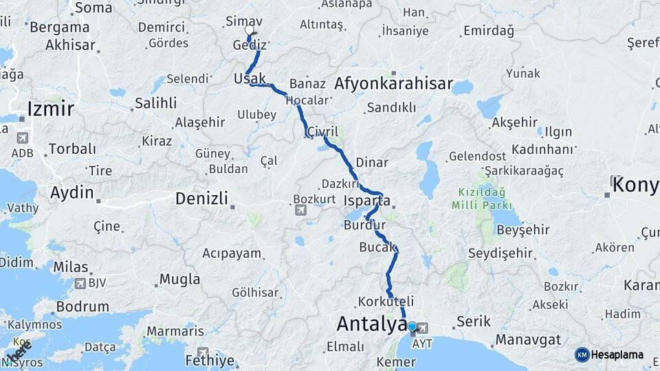 Antalya Şaphane Kütahya Arası Kaç Km - Yol Haritası