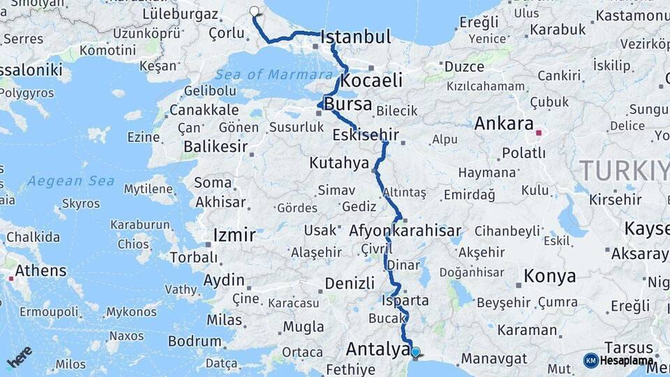 Antalya Saray Tekirdağ Arası Kaç Km - Yol Haritası