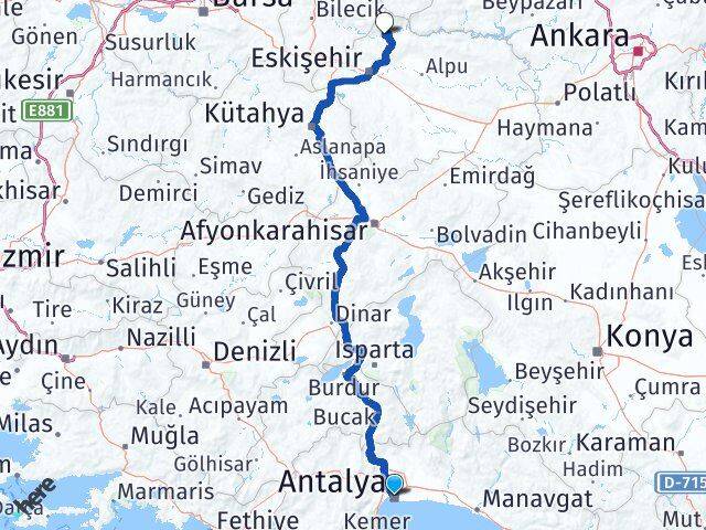 Antalya Sarıcakaya Eskişehir Arası Kaç Km - Yol Haritası