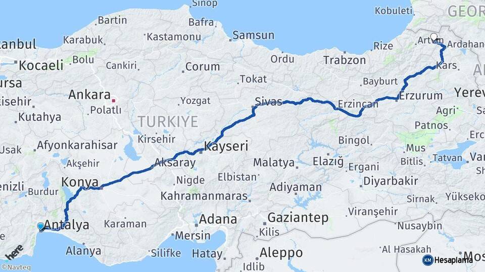 Antalya Şavşat Artvin Arası Kaç Km - Yol Haritası