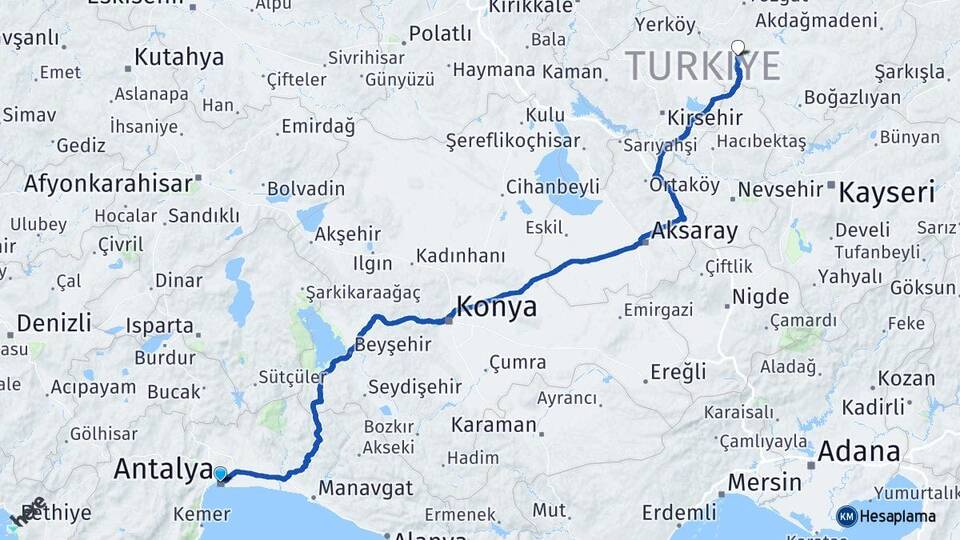 Antalya Şefaatli Yozgat Arası Kaç Km - Yol Haritası
