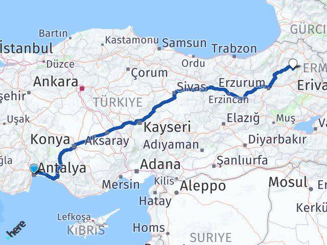 Antalya Şenkaya Erzurum Arası Kaç Km - Yol Haritası