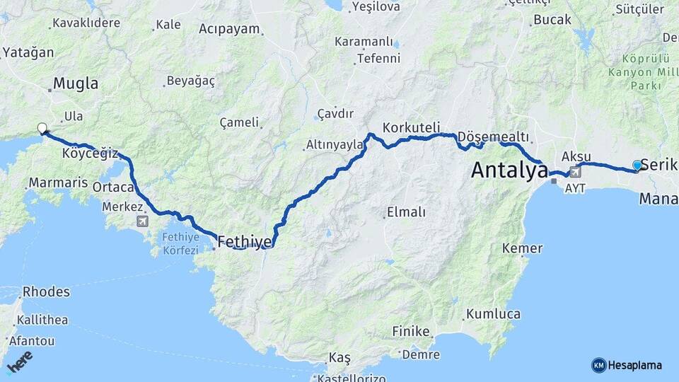 Antalya Serik Akyaka Ula Muğla Arası Kaç Km - Yol Haritası