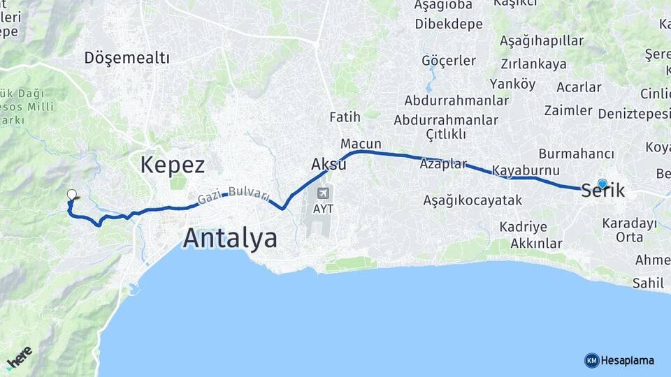 Antalya Serik Doyran Konyaaltı Arası Kaç Km - Yol Haritası