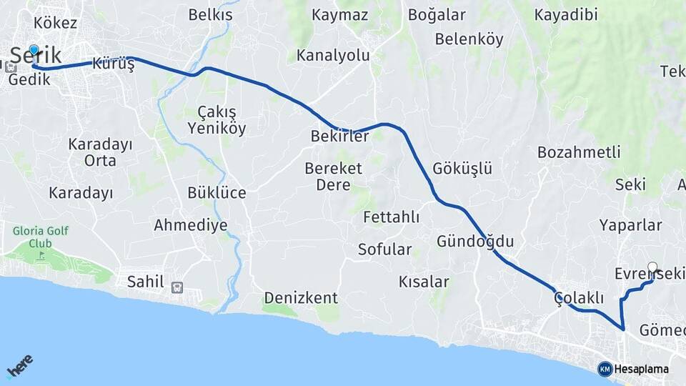 Antalya Serik Evrenseki Manavgat Arası Kaç Km - Yol Haritası
