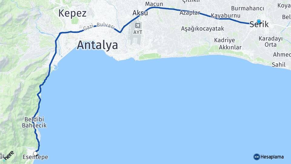 Antalya Serik Göynük Kemer Arası Kaç Km - Yol Haritası