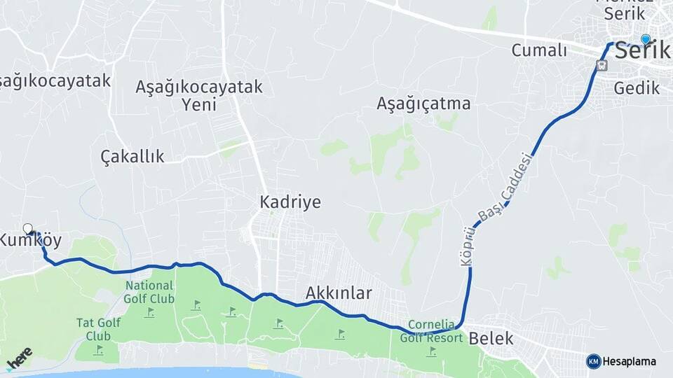 Antalya Serik Kumköy Aksu Arası Kaç Km - Yol Haritası